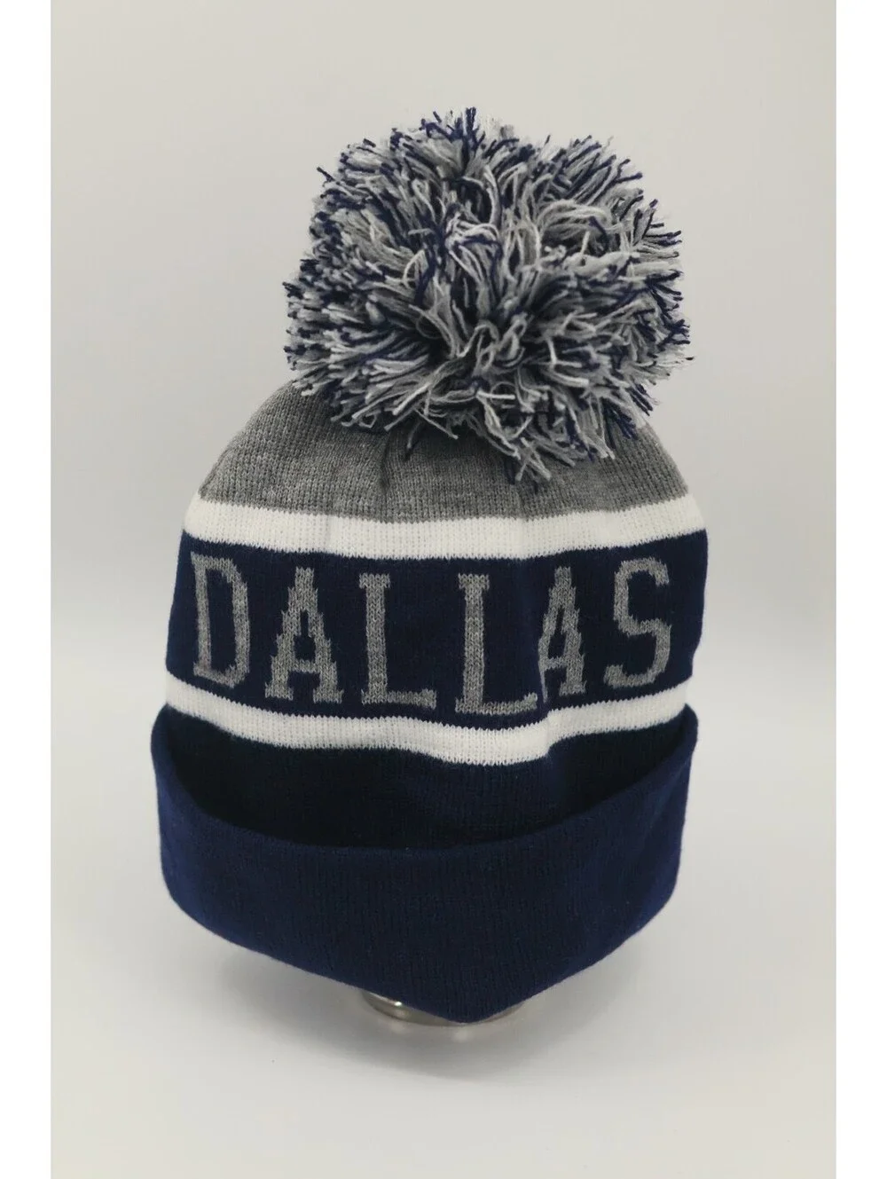 Dallas Knit Beanie Hat Navy Silver Gray White Pom Pom Winter Cuffed Toque Adult
